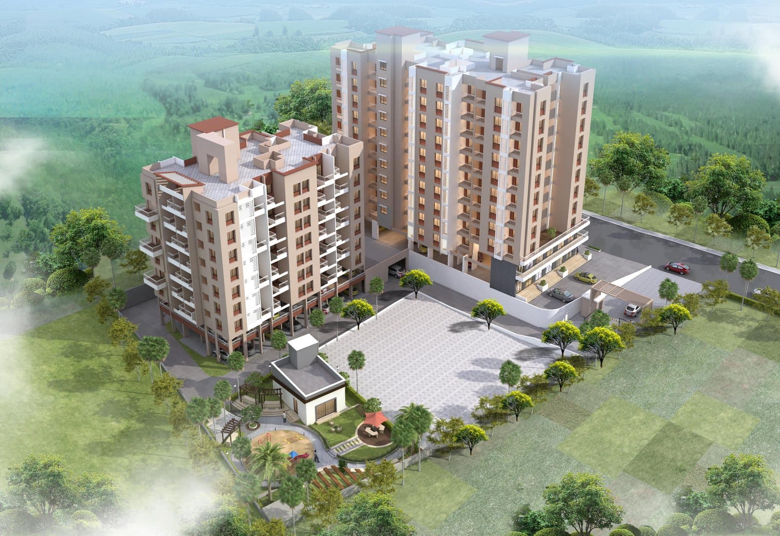 Aerial view of the Vaishnavi Homes apartment blocks and internal road
